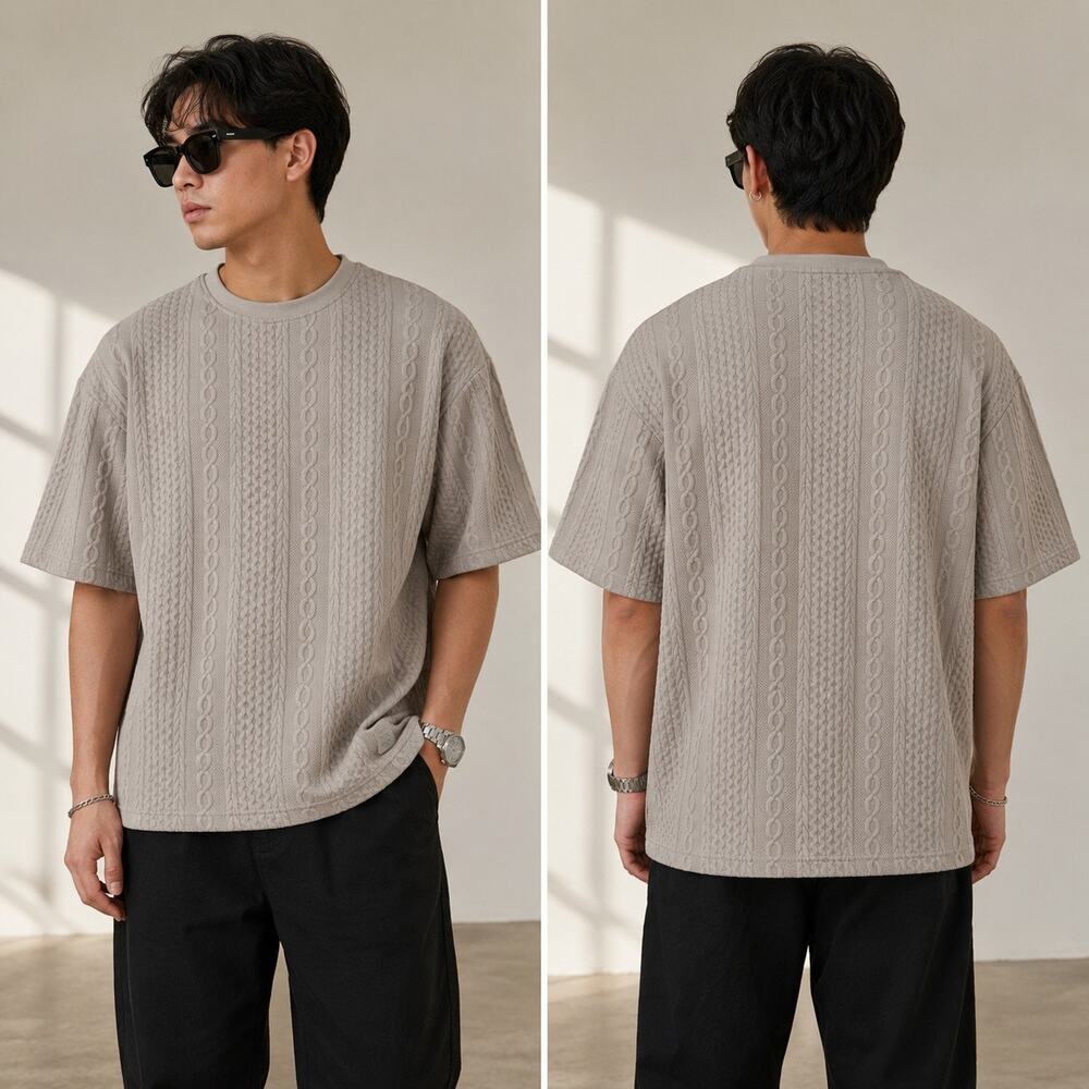 Saints Studio Cable Knit Textured Oversized T-Shirt XL Taupe Beige Streetwear